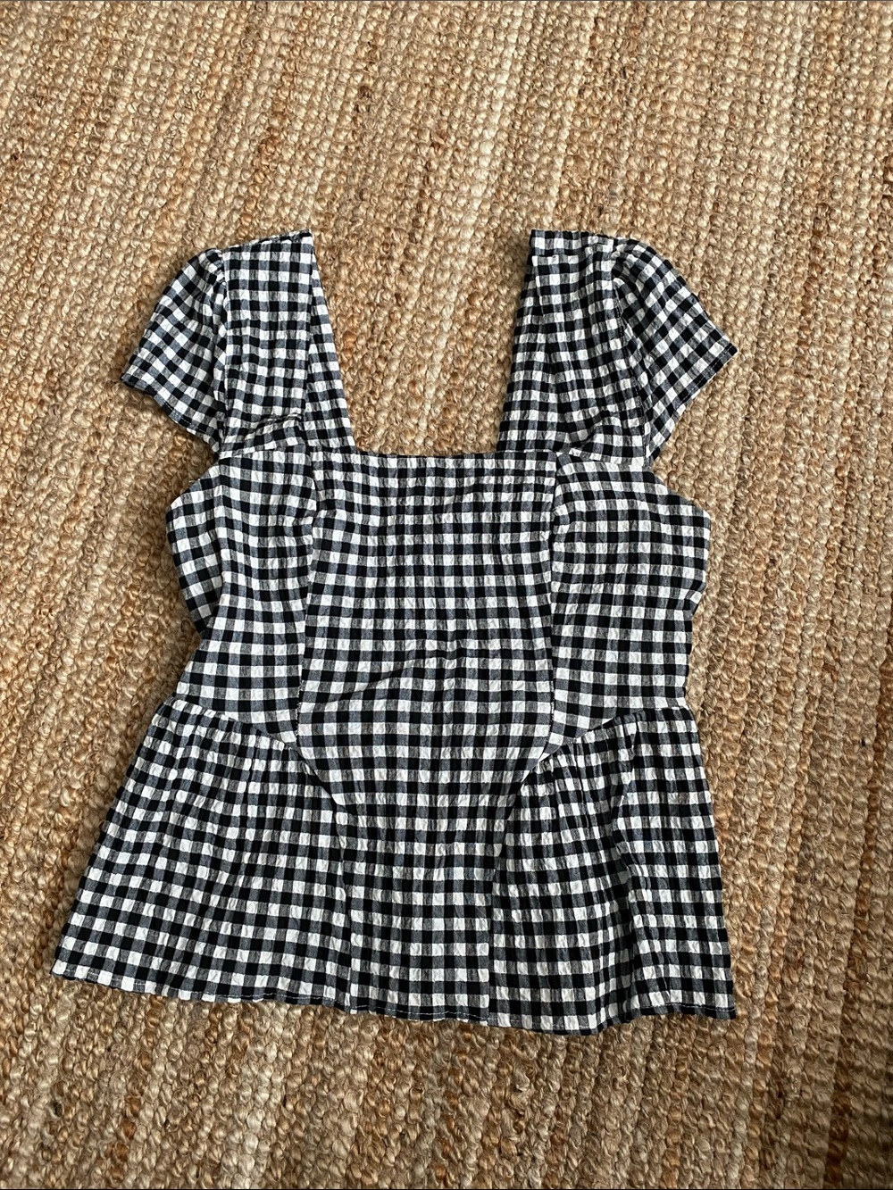 Marks & Spencers Black and White Gingham Square Neck Peplum Blouse